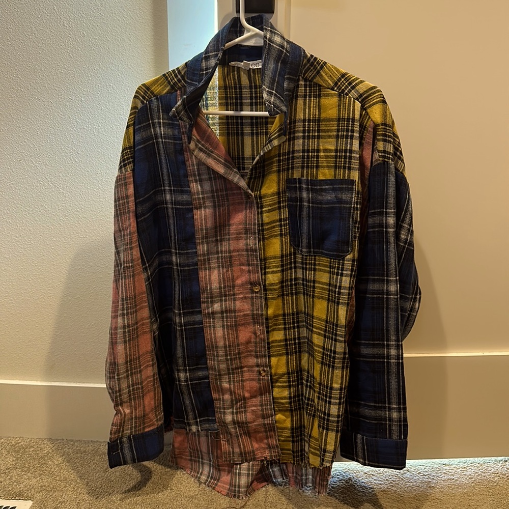 Plaid shirt, worn once,super soft- blue, yellow, pink and white
